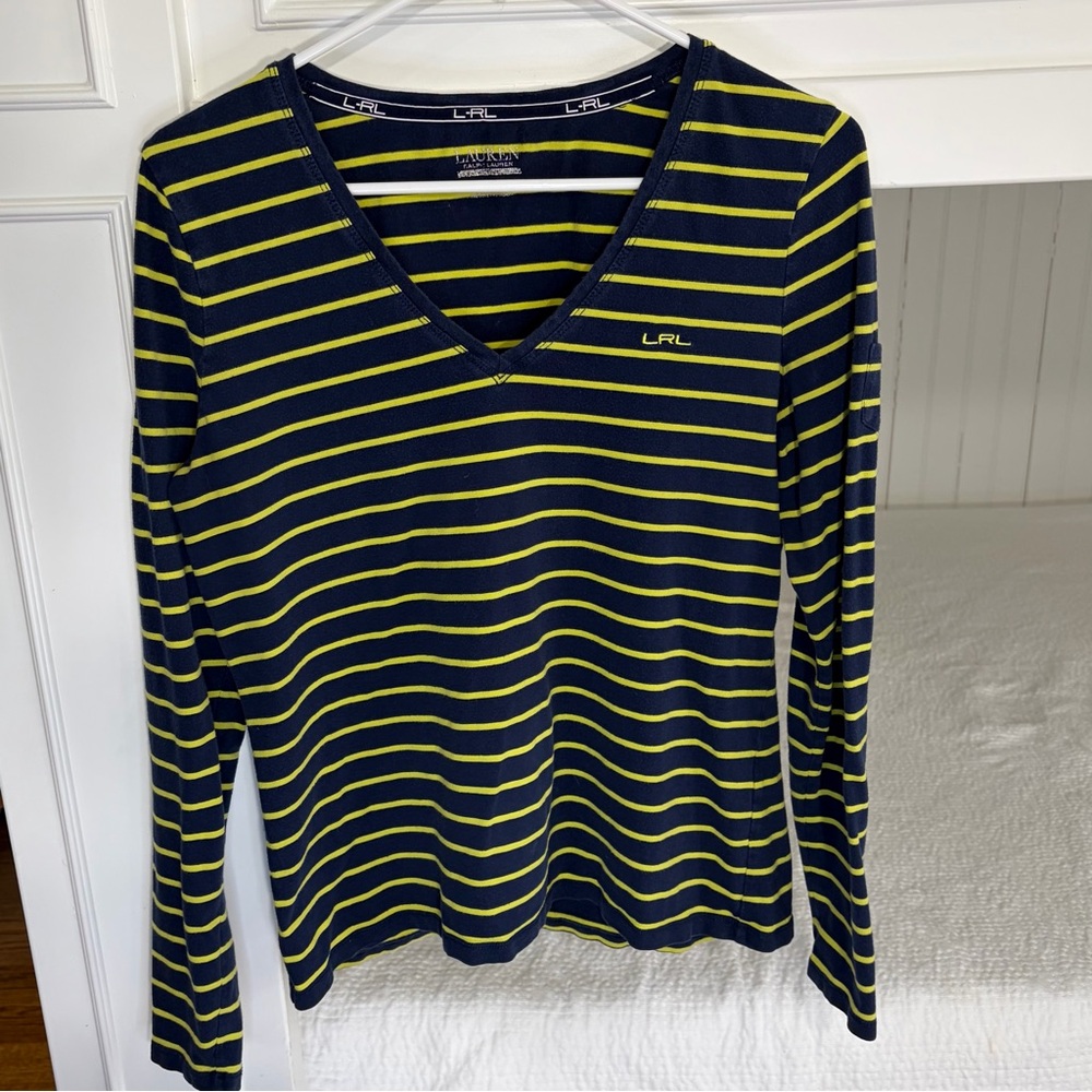 LRL Striped V-Neck Long Sleeve Top